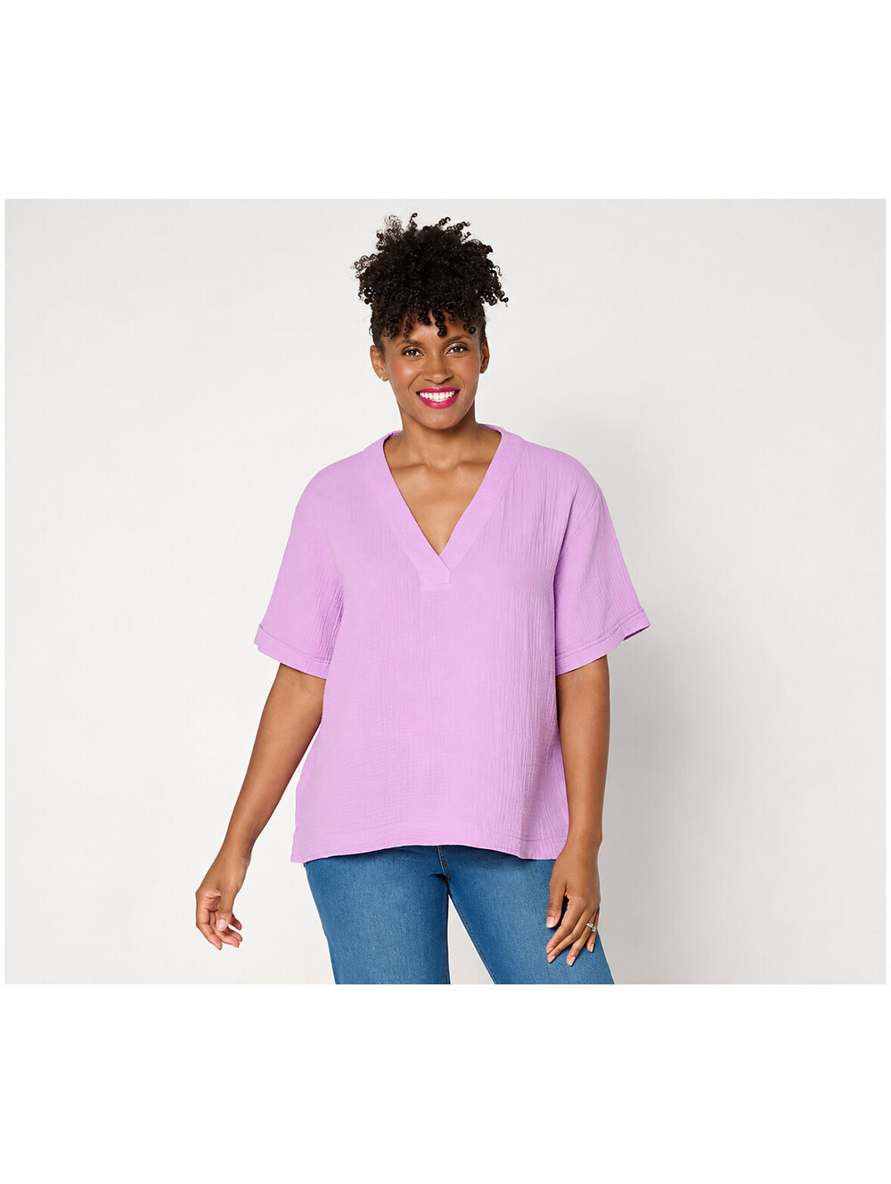 Susan Graver Regular Cotton Gauze Pullover Top Lilac Kiss, Medium